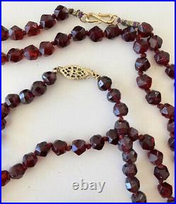 Old Faceted Dark Garnet Beads, Hand Knotted, Victorian Garnet Brooch