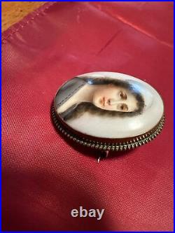 Old Victorian German Porcelain Hand Painted Portrait of Noble Woman Brooch Pin