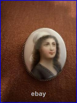 Old Victorian German Porcelain Hand Painted Portrait of Noble Woman Brooch Pin