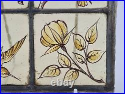 Old Victorian Stained Glass Window Hand Painted Kiln Fired Bird & Flowers Motifs