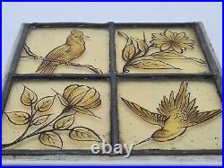 Old Victorian Stained Glass Window Hand Painted Kiln Fired Bird & Flowers Motifs