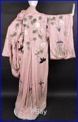 Opulent Hand Embroidered Antique 19th C Pink Silk Kimono W Florals Butterflies