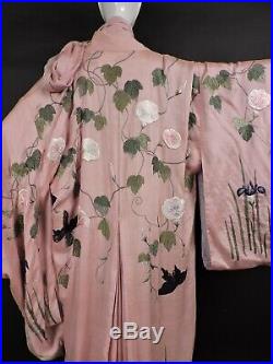 Opulent Hand Embroidered Antique 19th C Pink Silk Kimono W Florals Butterflies