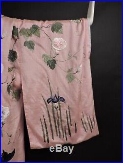 Opulent Hand Embroidered Antique 19th C Pink Silk Kimono W Florals Butterflies