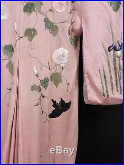 Opulent Hand Embroidered Antique 19th C Pink Silk Kimono W Florals Butterflies