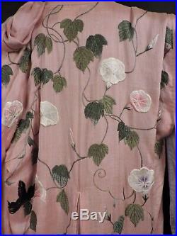 Opulent Hand Embroidered Antique 19th C Pink Silk Kimono W Florals Butterflies