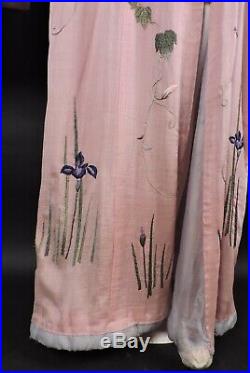 Opulent Hand Embroidered Antique 19th C Pink Silk Kimono W Florals Butterflies