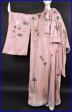 Opulent Hand Embroidered Antique 19th C Pink Silk Kimono W Florals Butterflies