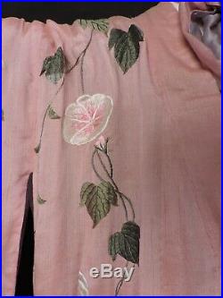 Opulent Hand Embroidered Antique 19th C Pink Silk Kimono W Florals Butterflies