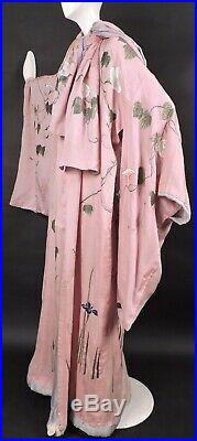 Opulent Hand Embroidered Antique 19th C Pink Silk Kimono W Florals Butterflies