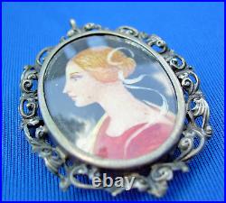 Original Art Deco Hand Painted Portrait Pendant Rare Antique 800 Silver Brooch