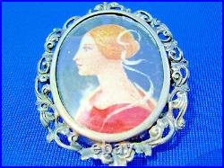 Original Art Deco Hand Painted Portrait Pendant Rare Antique 800 Silver Brooch