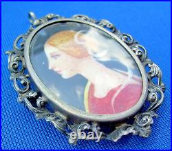 Original Art Deco Hand Painted Portrait Pendant Rare Antique 800 Silver Brooch