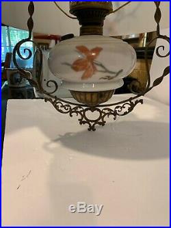 Original Hanging Oil Lamp Hand Painted Floral Victorian NICE! EARLY