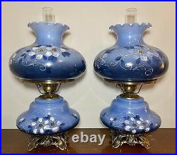 PAIR LARGE Victorian Hand Painted Gone With The Wind 3-Way Parlor Lamps MINT 26
