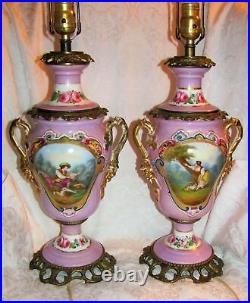 Pair Antique French Porcelain Lamps Hand Painted Circa 1920
