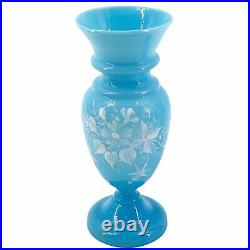 Pair Antique Victorian Bristol Blue Glass Flower Vases Hand Painted Enameled