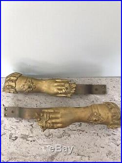 Pair Antique Victorian English Gilt Brass Curtain Tiebacks Figural Female Hand