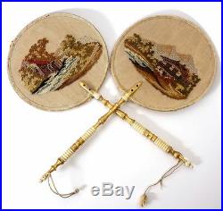 Pair Antique Victorian Hand Embroidered Face Screens, Fan Petitpoint & Beadwork