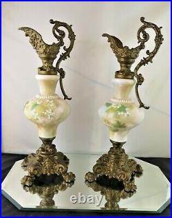 Pair Antique Victorian Hand Painted Art Glass Ornate Metal Mantel Ewers