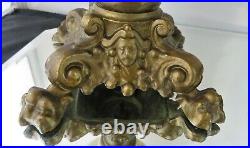 Pair Antique Victorian Hand Painted Art Glass Ornate Metal Mantel Ewers