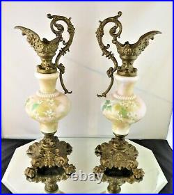 Pair Antique Victorian Hand Painted Art Glass Ornate Metal Mantel Ewers