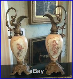 Pair Antique Victorian Hand Painted Portrait Art Glass Ornate Metal Mantel Ewers