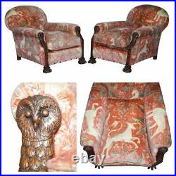 Pair Of Antique Victorian Hand Carved Owl Head Country House Armchairs Must See