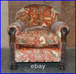 Pair Of Antique Victorian Hand Carved Owl Head Country House Armchairs Must See