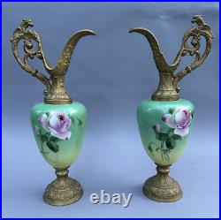 Pair Of Antique Victorian Hand Painted Floral Decorated Evers