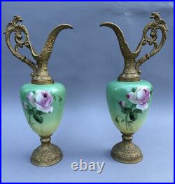 Pair Of Antique Victorian Hand Painted Floral Decorated Evers