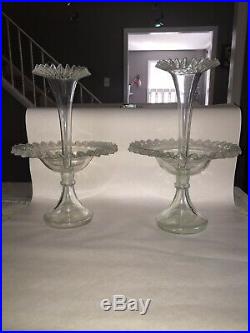 Pair Of Glass Epergne Hand Blown Flower Vases Ca. 1880s Victorian Ruffled Rim