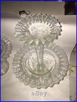 Pair Of Glass Epergne Hand Blown Flower Vases Ca. 1880s Victorian Ruffled Rim