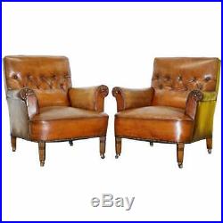 Pair Of Lovely Chesterfield Victorian Library Armchairs Hand Dyed Brown Leather