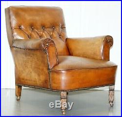 Pair Of Lovely Chesterfield Victorian Library Armchairs Hand Dyed Brown Leather