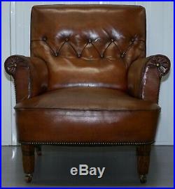 Pair Of Lovely Chesterfield Victorian Library Armchairs Hand Dyed Brown Leather