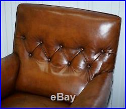 Pair Of Lovely Chesterfield Victorian Library Armchairs Hand Dyed Brown Leather