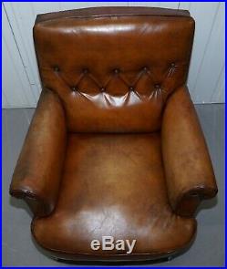 Pair Of Lovely Chesterfield Victorian Library Armchairs Hand Dyed Brown Leather