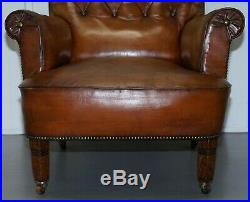 Pair Of Lovely Chesterfield Victorian Library Armchairs Hand Dyed Brown Leather