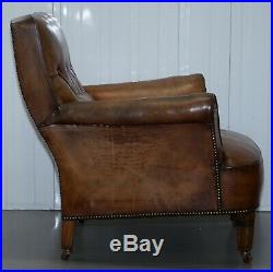 Pair Of Lovely Chesterfield Victorian Library Armchairs Hand Dyed Brown Leather