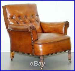 Pair Of Lovely Chesterfield Victorian Library Armchairs Hand Dyed Brown Leather