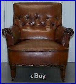 Pair Of Lovely Chesterfield Victorian Library Armchairs Hand Dyed Brown Leather