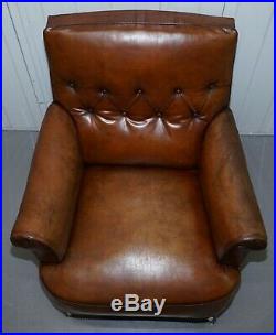 Pair Of Lovely Chesterfield Victorian Library Armchairs Hand Dyed Brown Leather