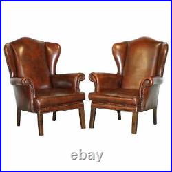 Pair Of Lovely Hand Dyed Brown Leather Laid Back Wingback Armchairs Rare Frames