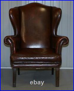 Pair Of Lovely Hand Dyed Brown Leather Laid Back Wingback Armchairs Rare Frames