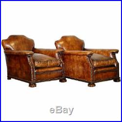 Pair Of Restored Hand Dyed Victorian Claw & Ball Cigar Brown Leather Armchairs