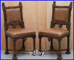 Pair Of Restored Victorian French Brown Leather Hand Carved Armchairs Gothic