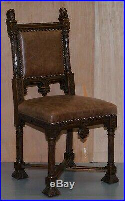 Pair Of Restored Victorian French Brown Leather Hand Carved Armchairs Gothic