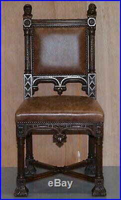 Pair Of Restored Victorian French Brown Leather Hand Carved Armchairs Gothic