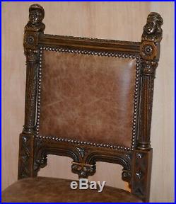 Pair Of Restored Victorian French Brown Leather Hand Carved Armchairs Gothic